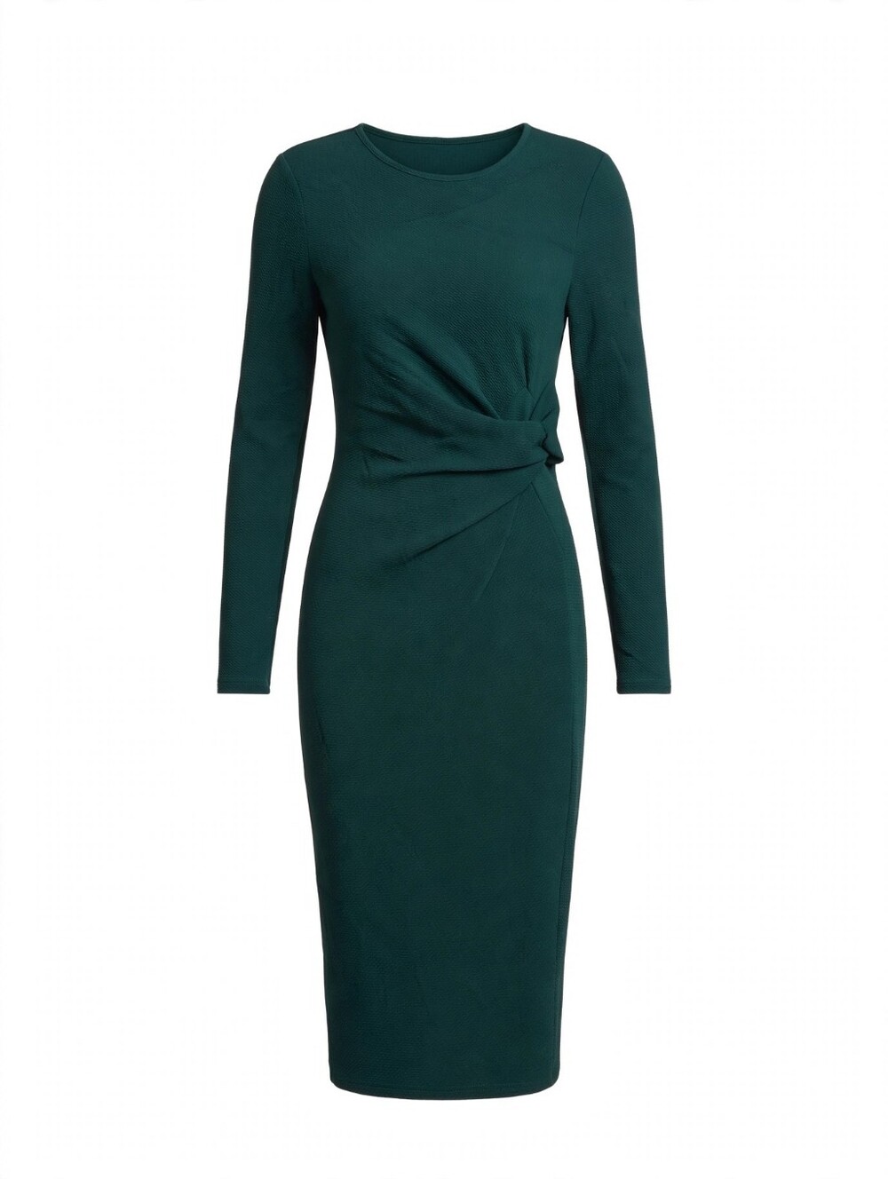 Elegant emerald green long sleeve dress with flattering twist-waist detail. Slim